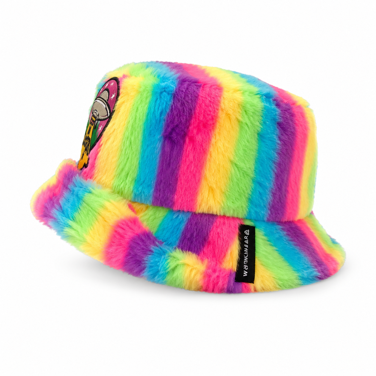 Side profile view of neon rainbow furry festival bucket hat