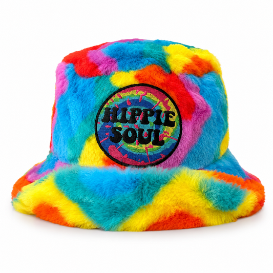 Handmade rainbow swirl furry bucket hat on clean white background