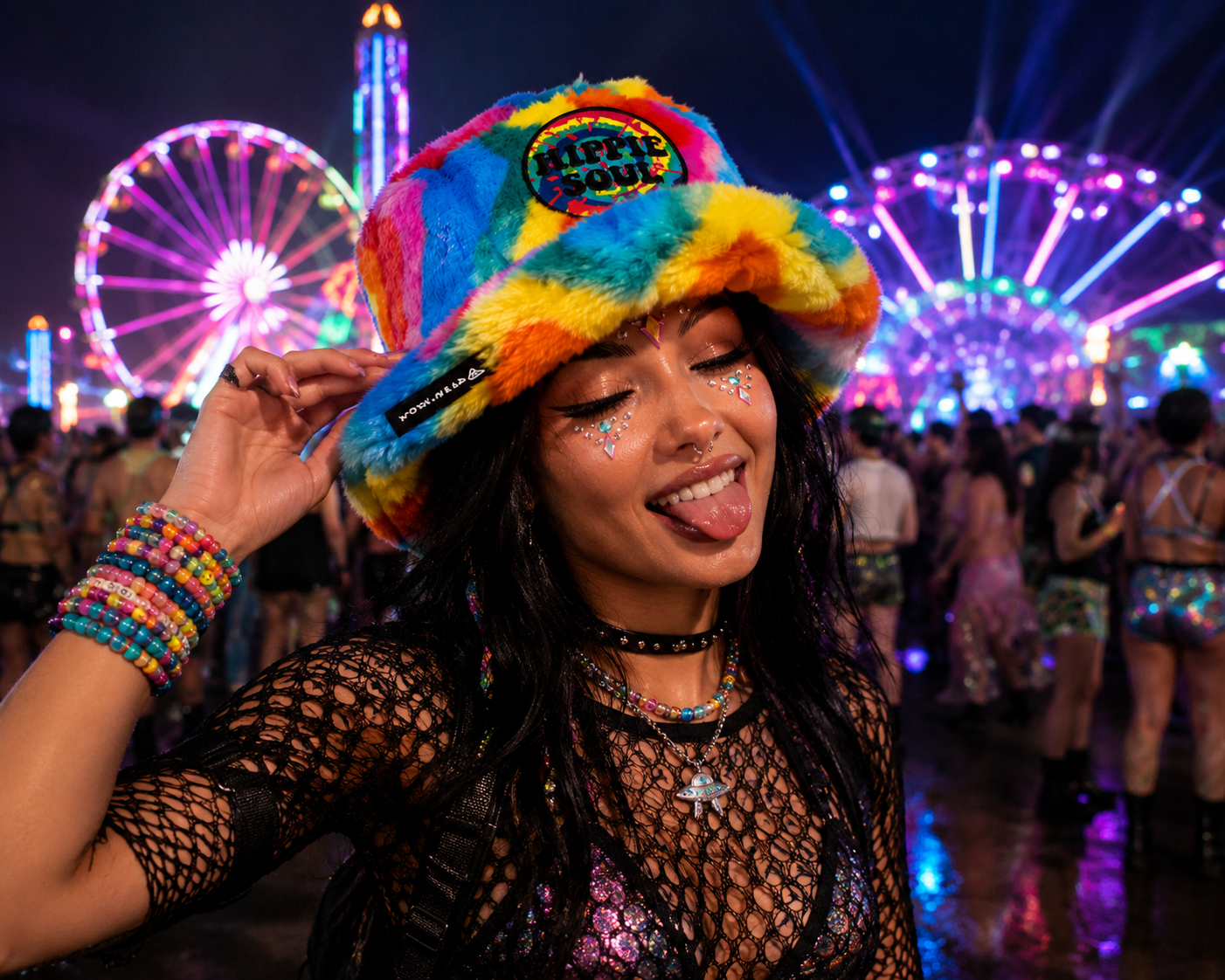 Rave lifestyle image featuring rainbow furry bucket hat