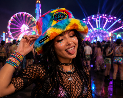 Rave lifestyle image featuring rainbow furry bucket hat