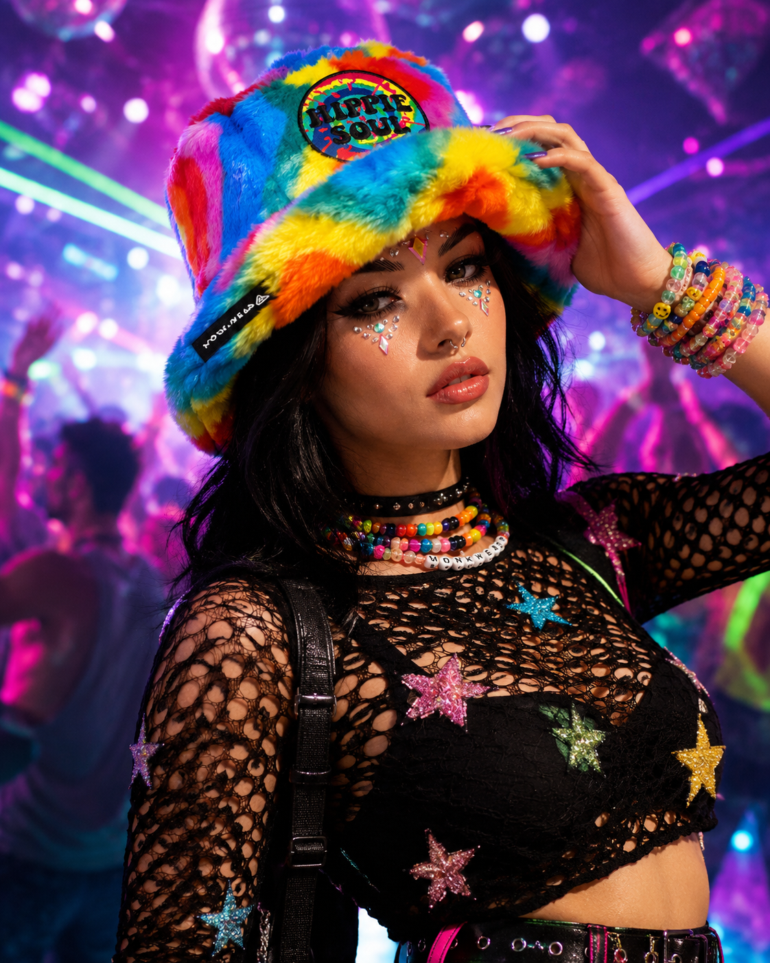 Festival model wearing colourful rainbow furry bucket hat