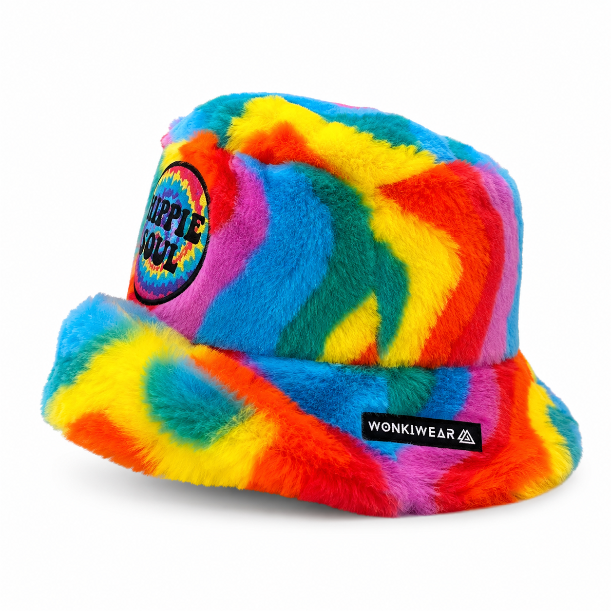 Side profile view of rainbow faux fur festival bucket hat
