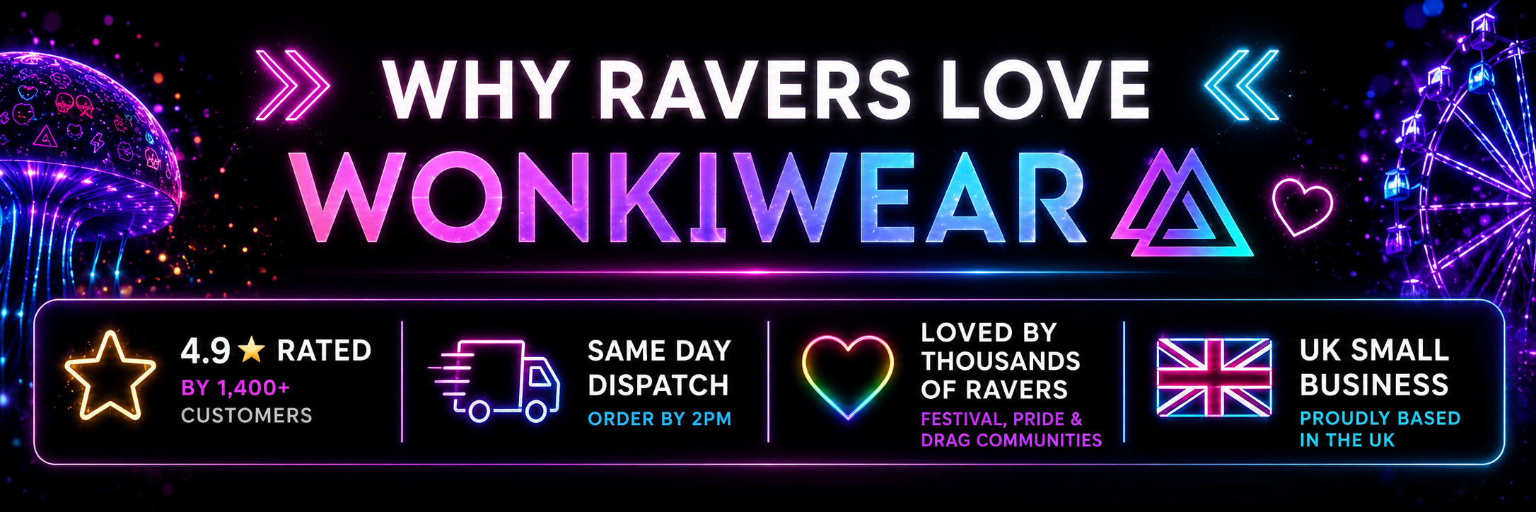 WonkiWear trust banner showing 4.9 star customer rating, same day dispatch, UK small business and loved by festival, Pride and drag communities