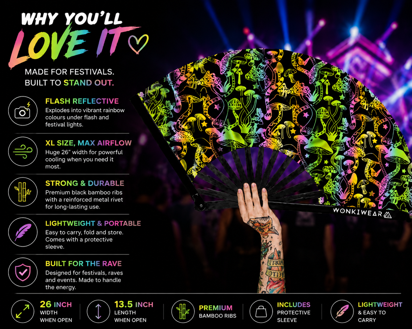 Benefits infographic for XL flash reflective mushroom rave fan