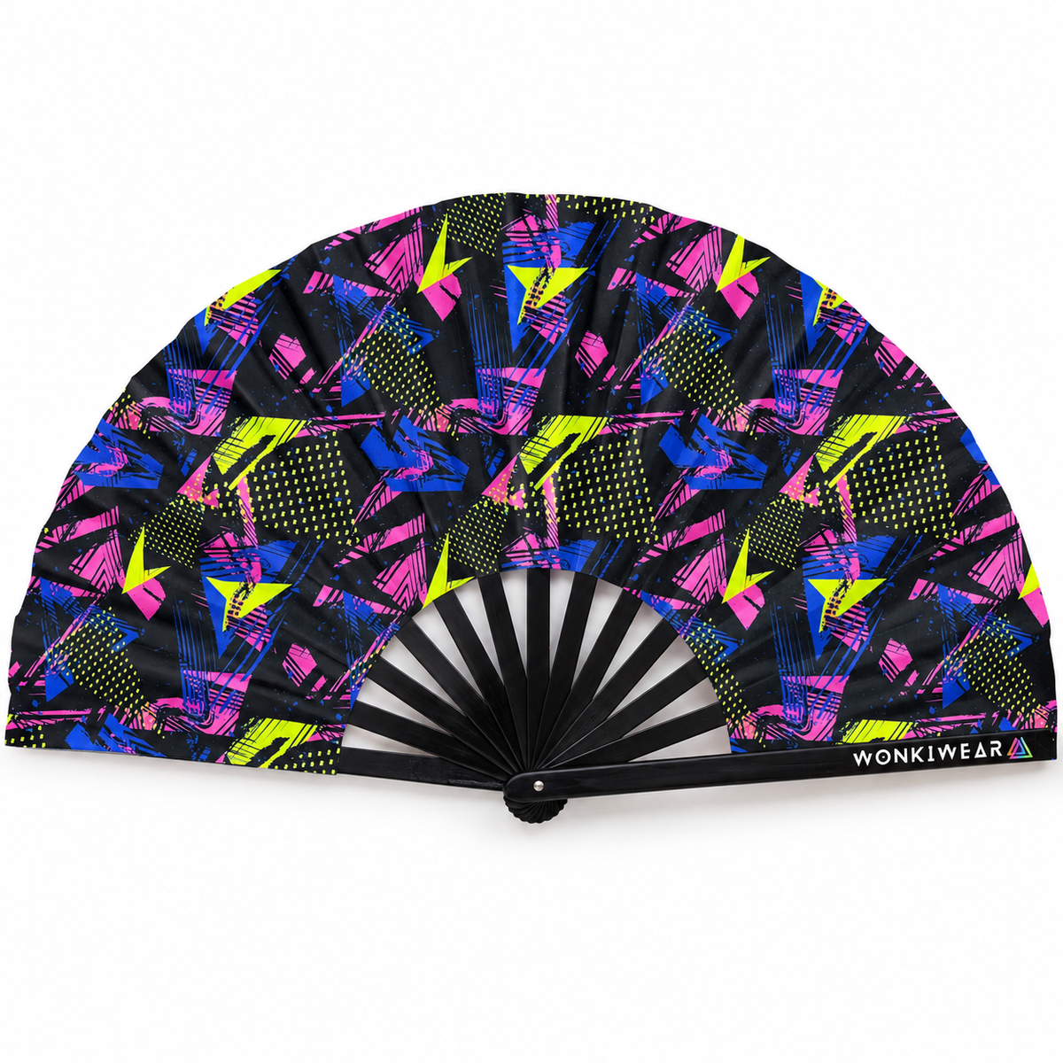 WonkiWear XL folding rave fan featuring a black background with vibrant hot pink, electric blue and neon yellow-green geometric patterns, displayed fully open on a clean white background.