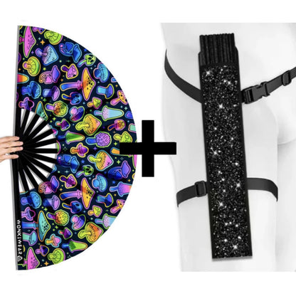 XL UV reactive mushroom rave fan with black festival holster bundle