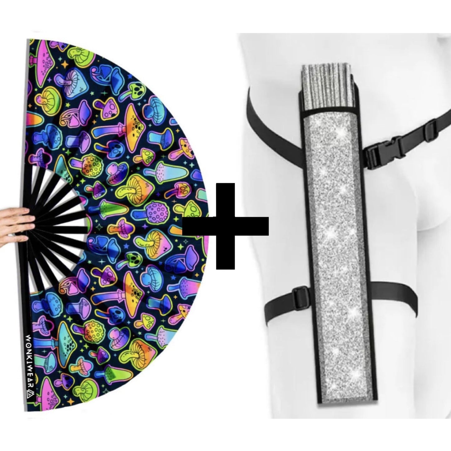 XL UV reactive mushroom festival fan with reflective silver holster bundle