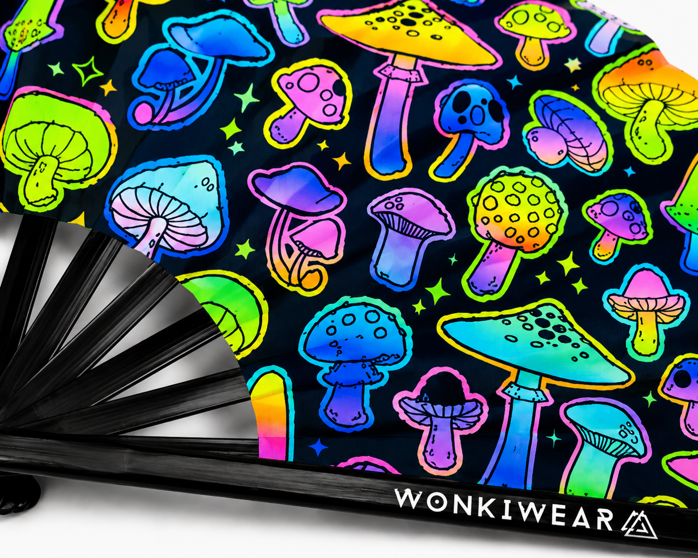Close up detail of UV reactive mushroom festival fan fabric and black bamboo ribs