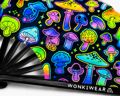 Close up detail of UV reactive mushroom festival fan fabric and black bamboo ribs