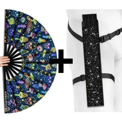 XL UV reactive mushroom and skulls rave fan with black festival holster bundle