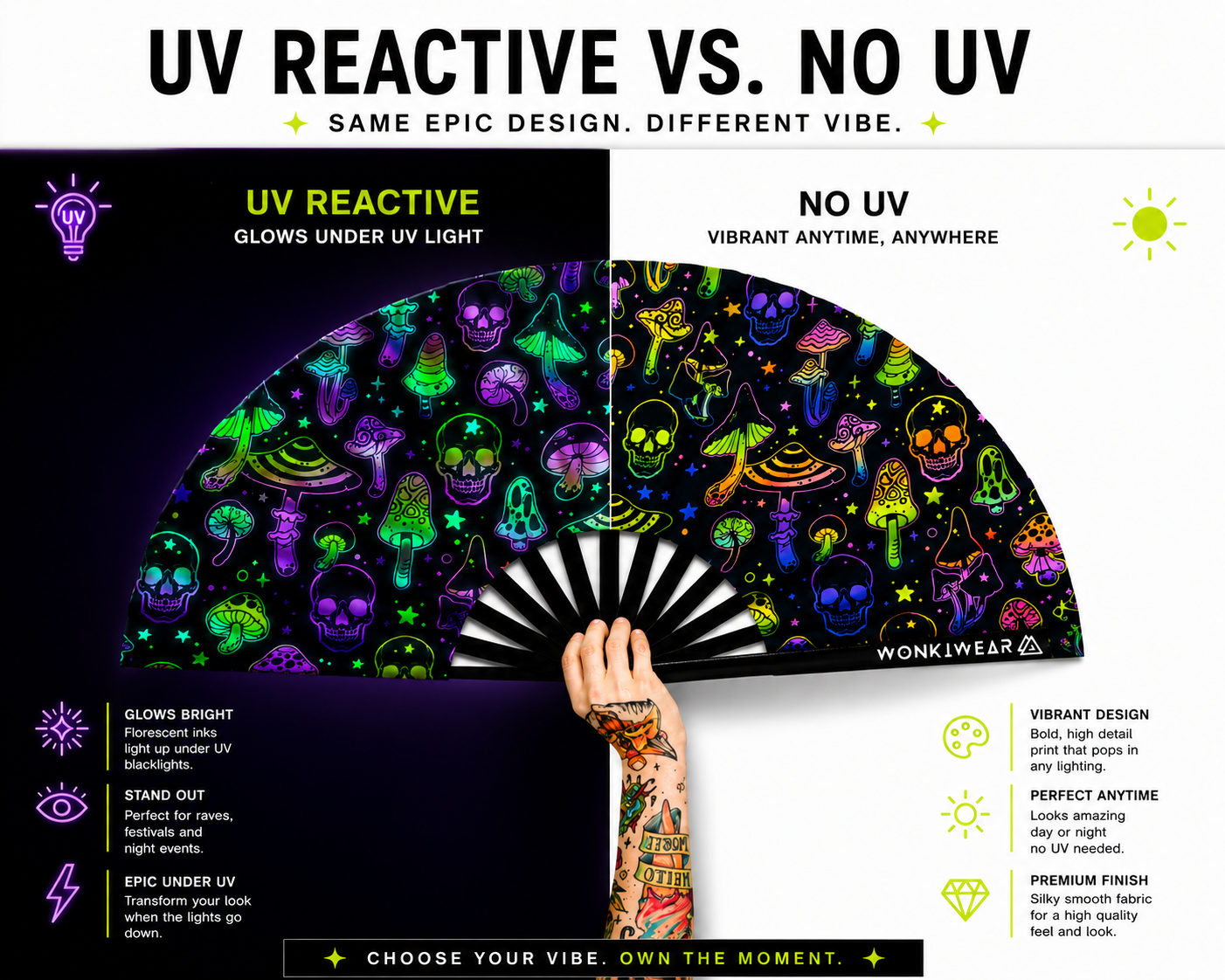 UV reactive mushroom and skulls festival fan glowing under blacklight compared to normal lighting
