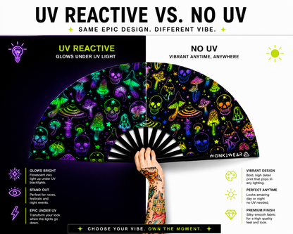 UV reactive mushroom and skulls festival fan glowing under blacklight compared to normal lighting