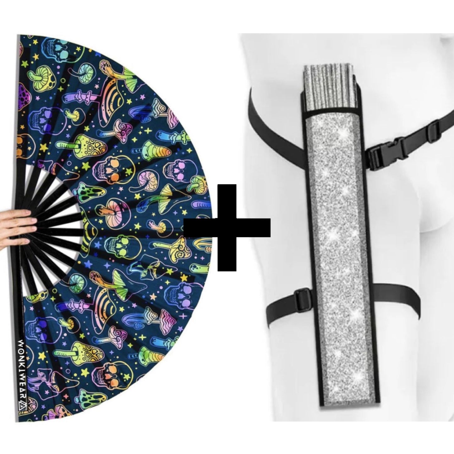 XL UV reactive mushroom and skulls festival fan with reflective silver holster bundle
