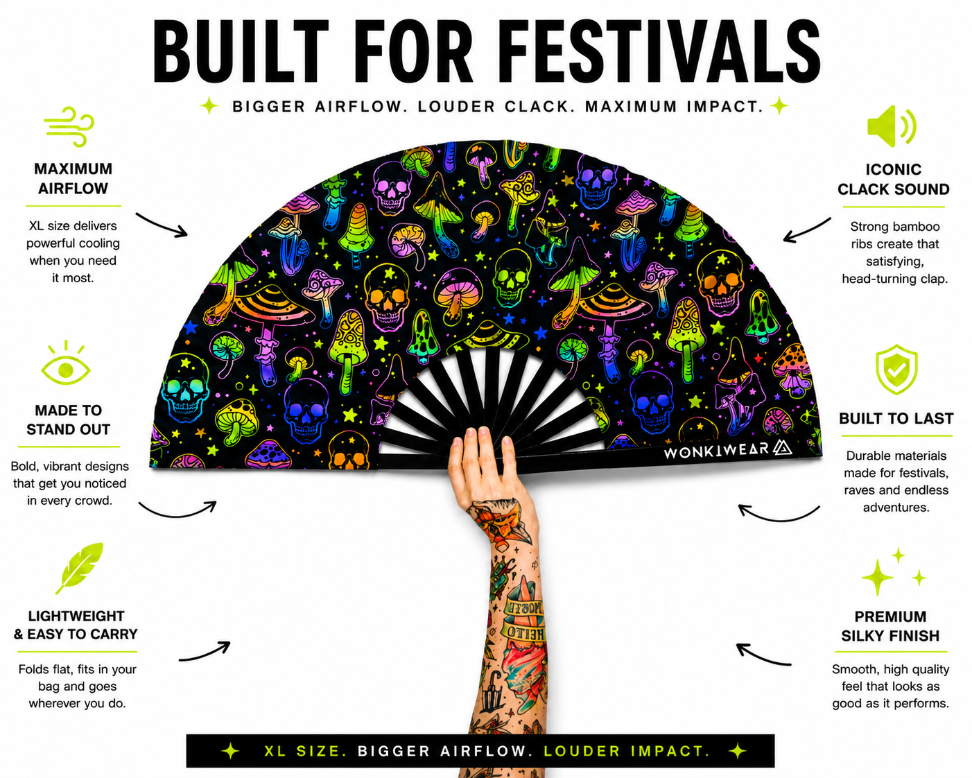 Benefits infographic for XL UV reactive mushroom and skulls rave fan