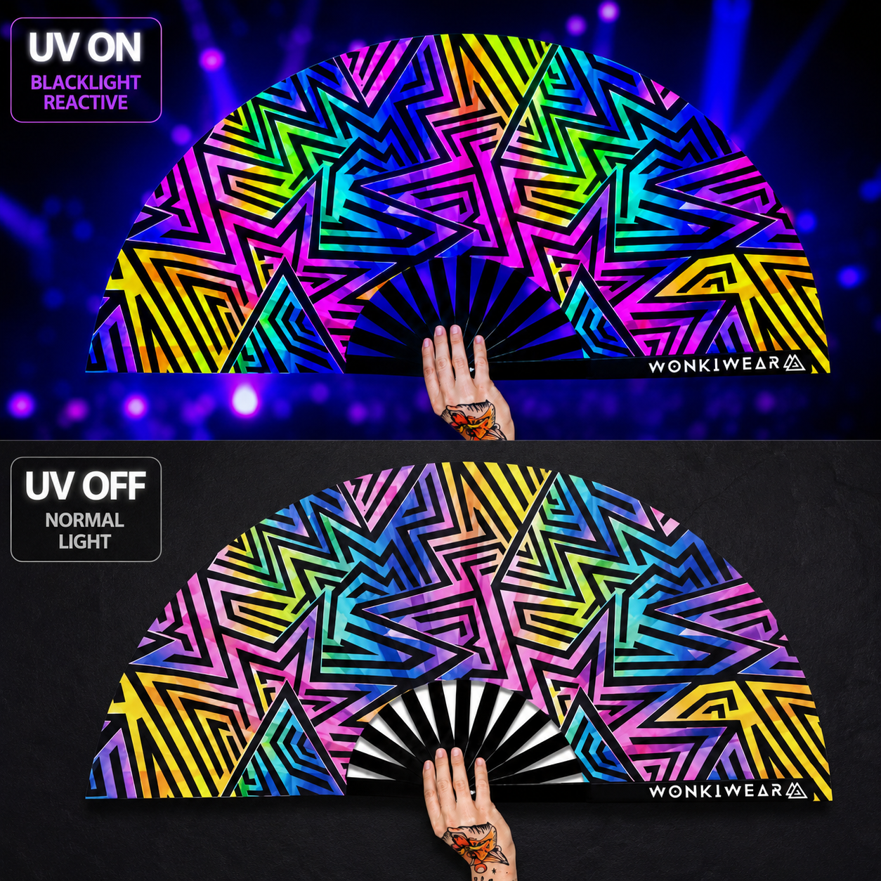 UV reactive abstract rave fan glowing under blacklight compared to normal lighting