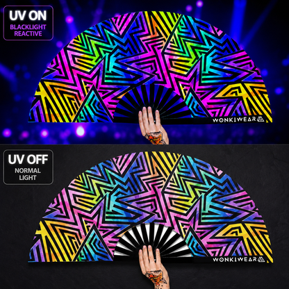 UV reactive abstract rave fan glowing under blacklight compared to normal lighting
