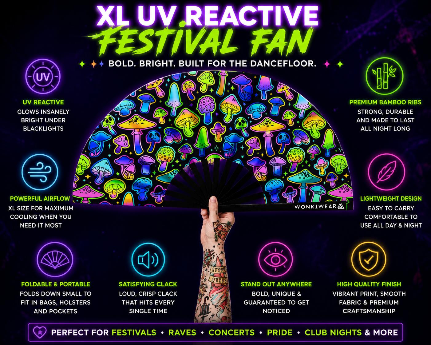 Benefits infographic for XL UV reactive mushroom rave fan