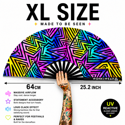 XL size detail image showing large UV reactive abstract rave fan dimensions