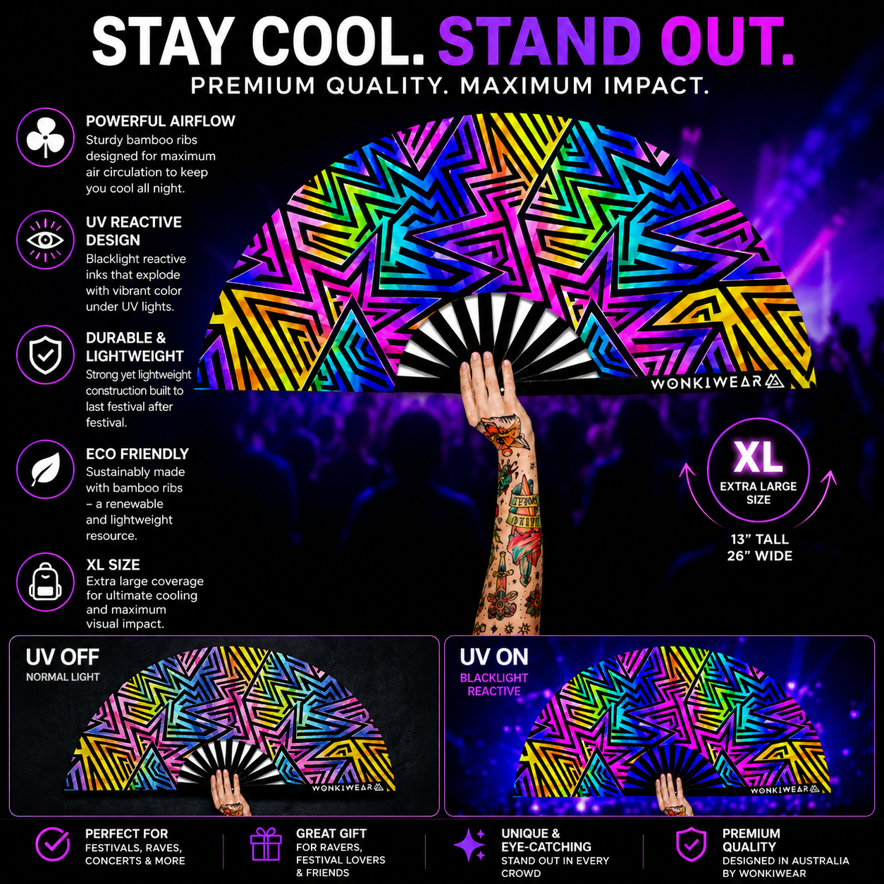 Benefits infographic for XL UV reactive abstract festival fan