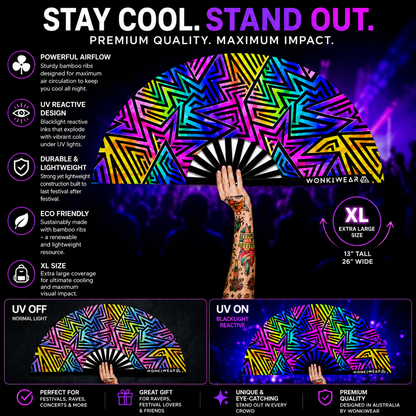 Benefits infographic for XL UV reactive abstract festival fan