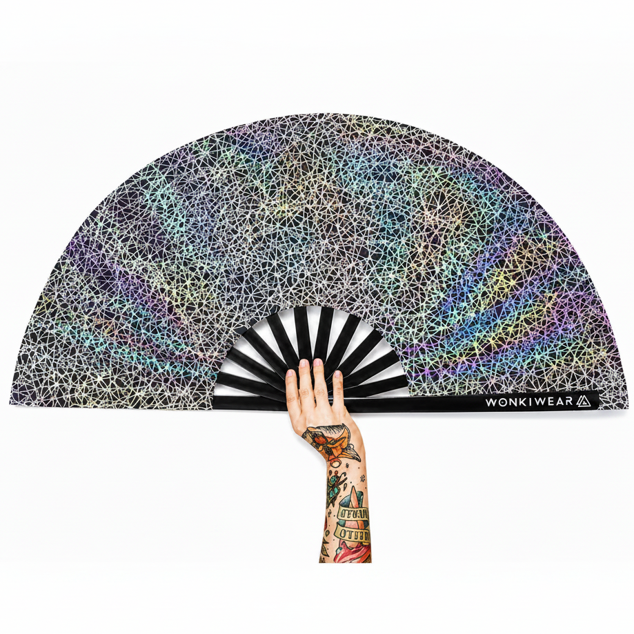 XL flash reflective silver web festival fan by WonkiWear with black bamboo ribs and holographic rainbow reflective material