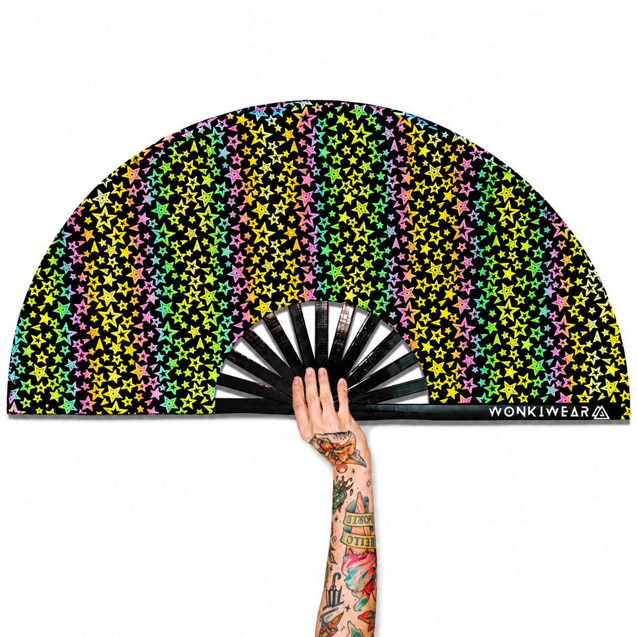 WonkiWear XL flash reflective stars festival fan with holographic rainbow reflective material and black bamboo ribs