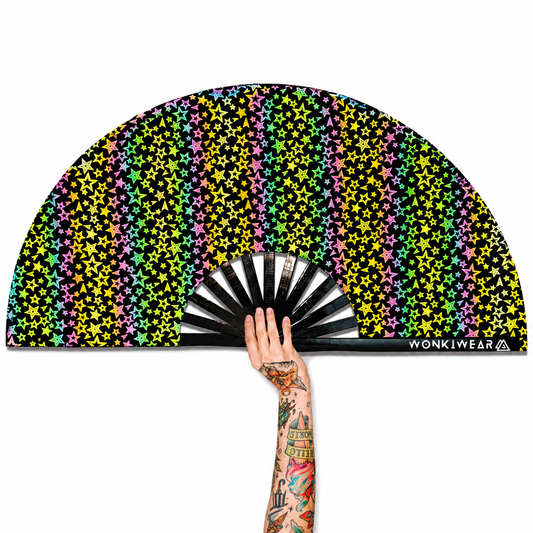 WonkiWear XL flash reflective stars festival fan with holographic rainbow reflective material and black bamboo ribs