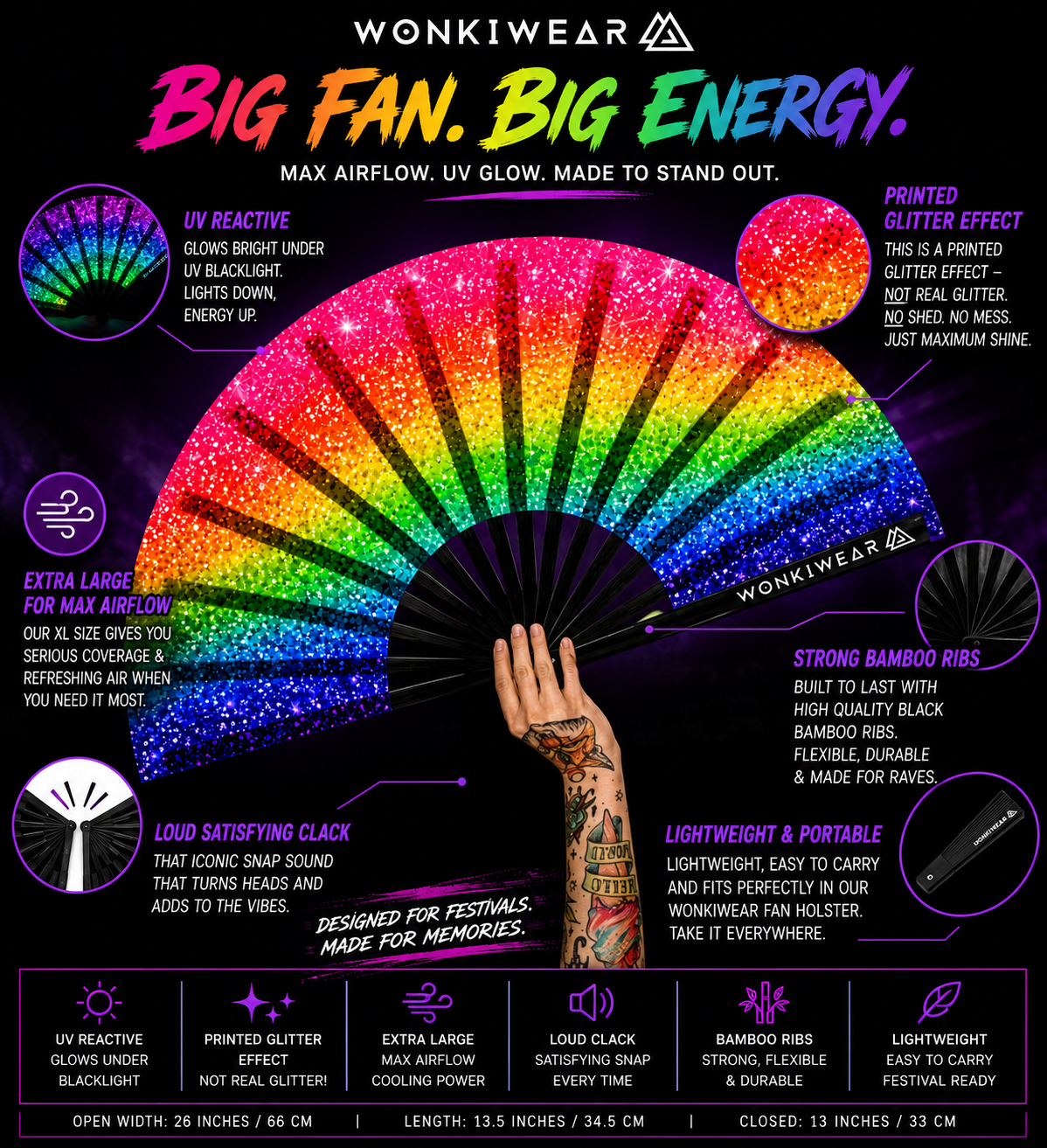 Benefits infographic showing printed glitter effect no shed UV glow bamboo ribs and XL airflow