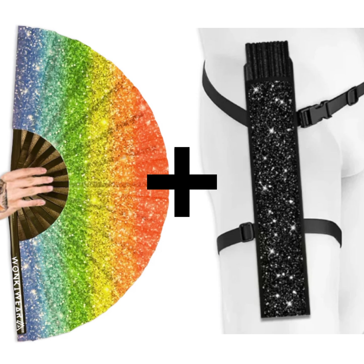 XL rainbow Pride printed glitter effect festival fan with black shimmer holster bundle