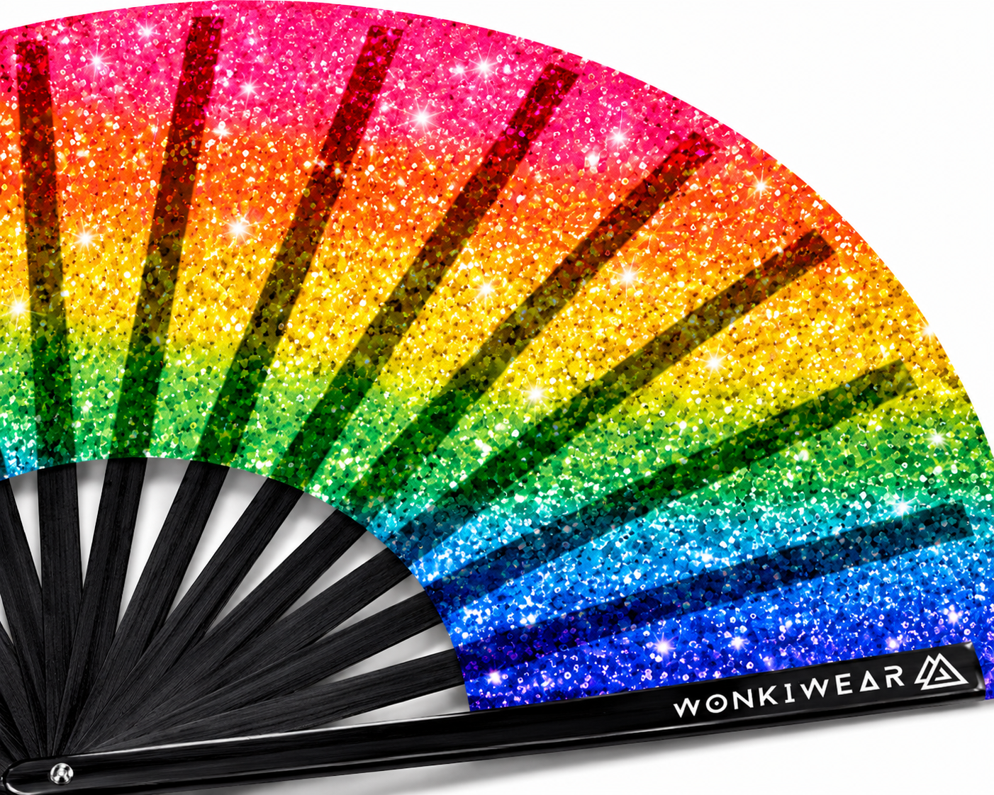 Close up of rainbow printed glitter effect festival fan showing black bamboo ribs and sparkle print detail