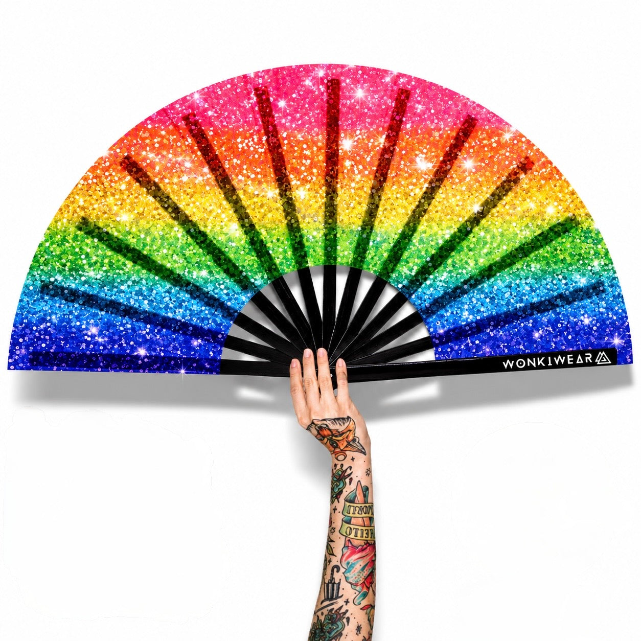 XL rainbow Pride festival fan with printed glitter effect design and black bamboo ribs on white background