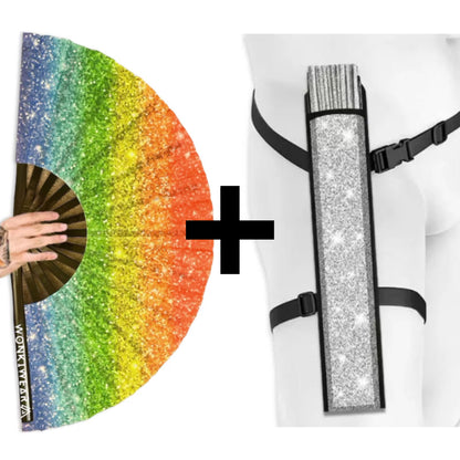 XL rainbow Pride printed glitter effect festival fan with silver shimmer holster bundle