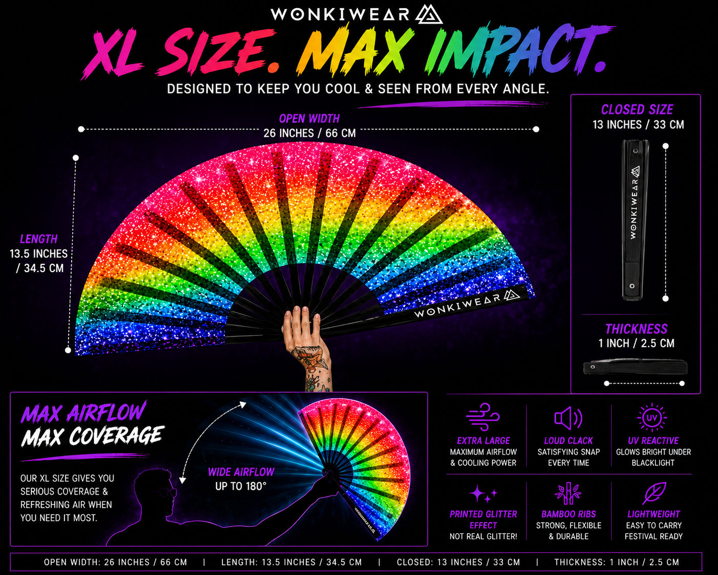 XL rainbow Pride festival fan size guide with dimensions and airflow coverage