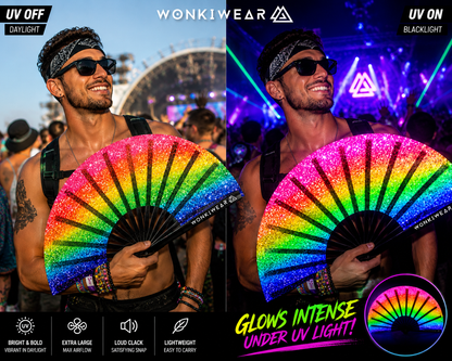 Rainbow Pride printed glitter effect festival fan shown in daylight and glowing under UV blacklight