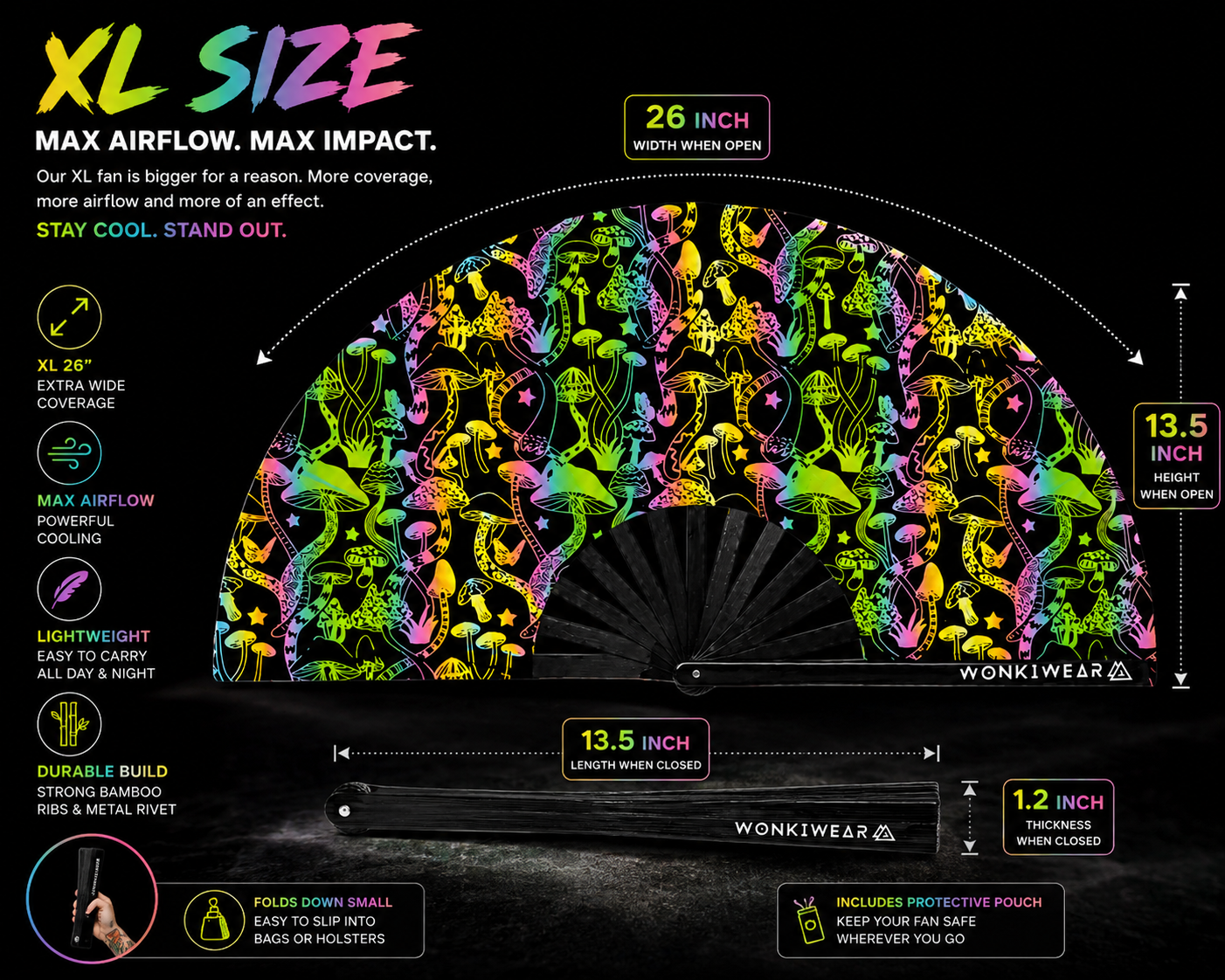 XL size detail image showing large flash reflective mushroom festival fan