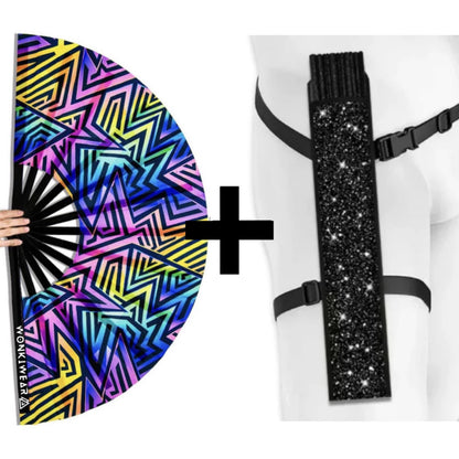XL UV reactive abstract festival fan with matching black holster bundle