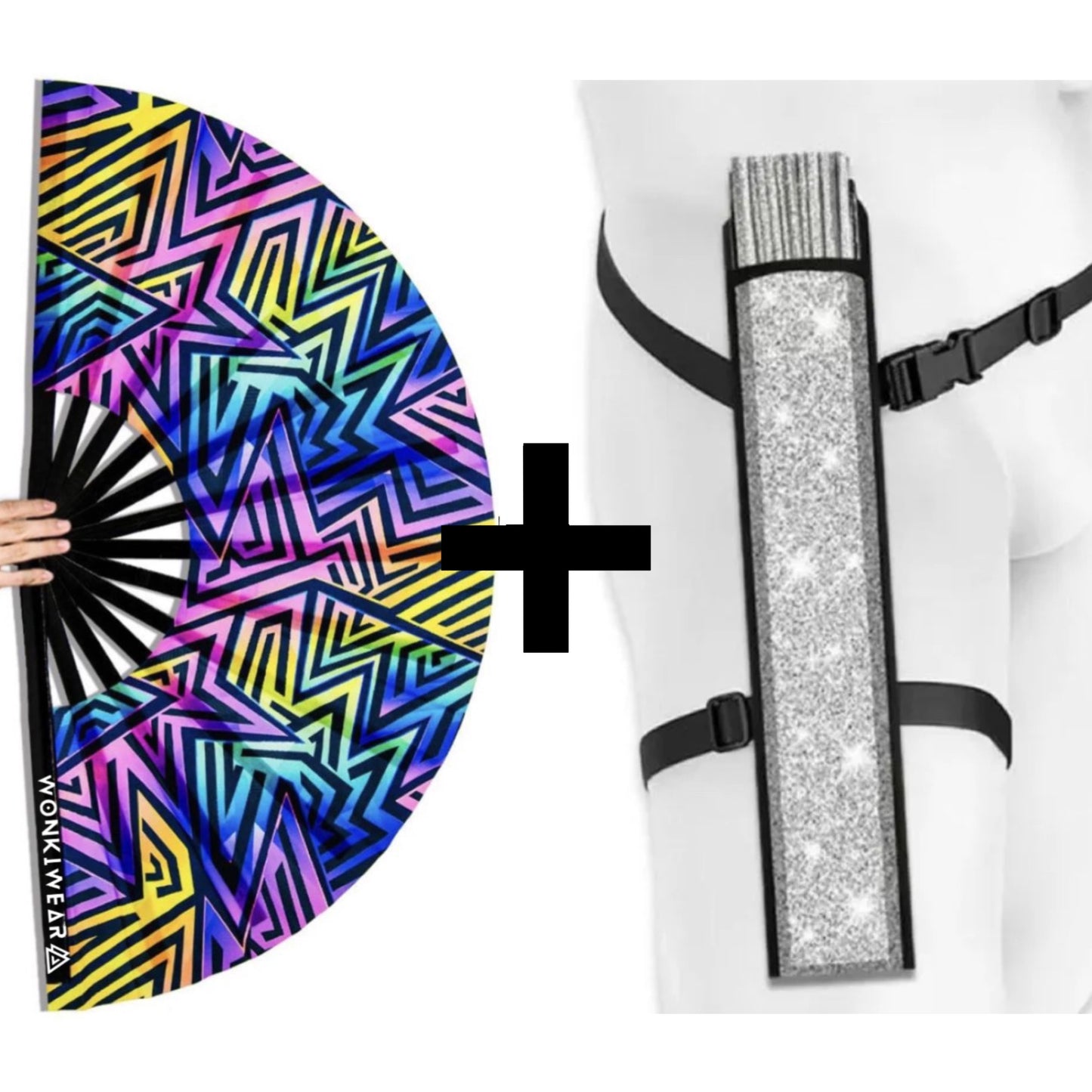 XL UV reactive abstract festival fan with matching silver holster bundle