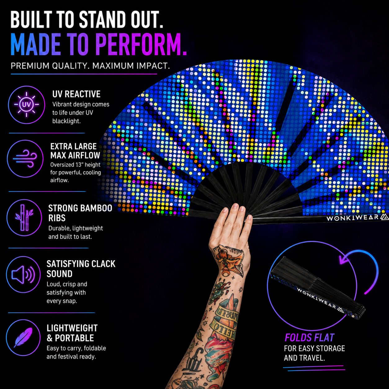 Benefits infographic showing UV glow bamboo ribs airflow and XL size of blue rave fan