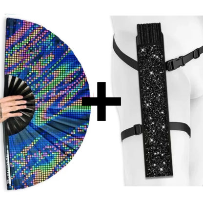 XL UV reactive blue pixel festival fan with black holster bundle