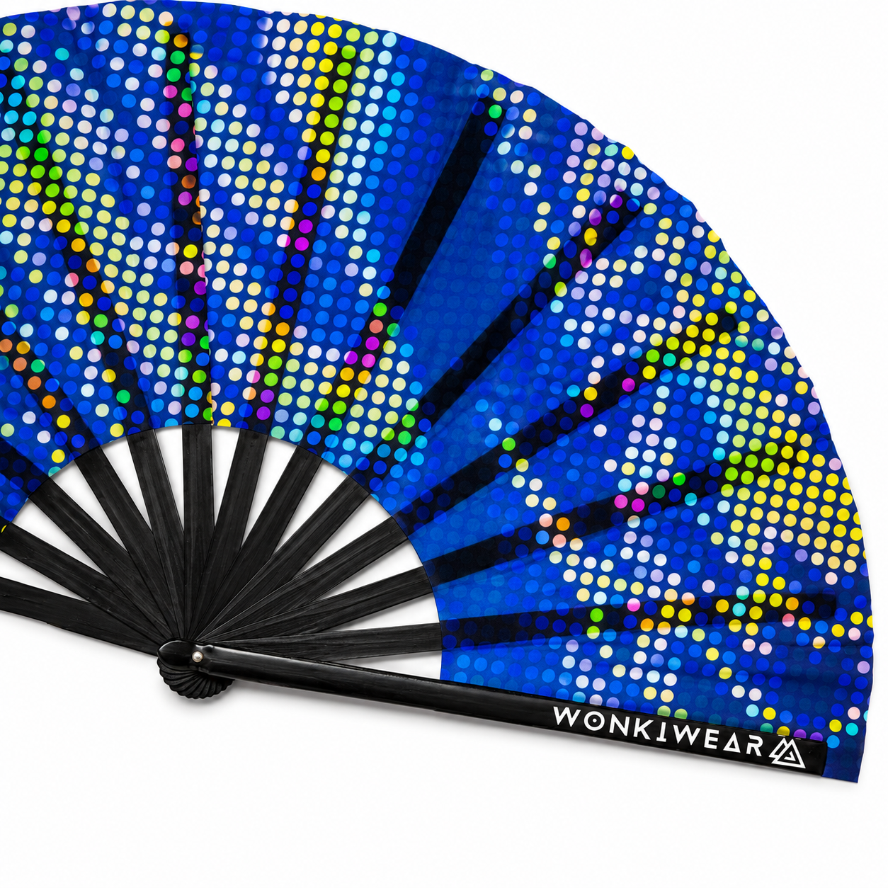 Close up detail of UV reactive blue pixel burst rave fan fabric and black bamboo ribs