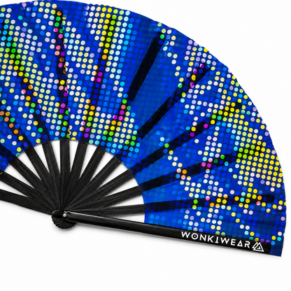 Close up detail of UV reactive blue pixel burst rave fan fabric and black bamboo ribs