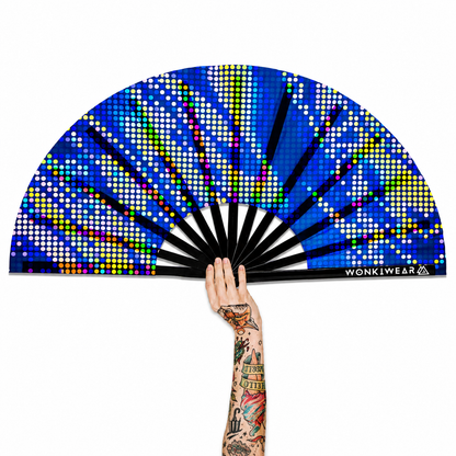 XL UV reactive blue pixel burst festival fan with black bamboo ribs on white background
