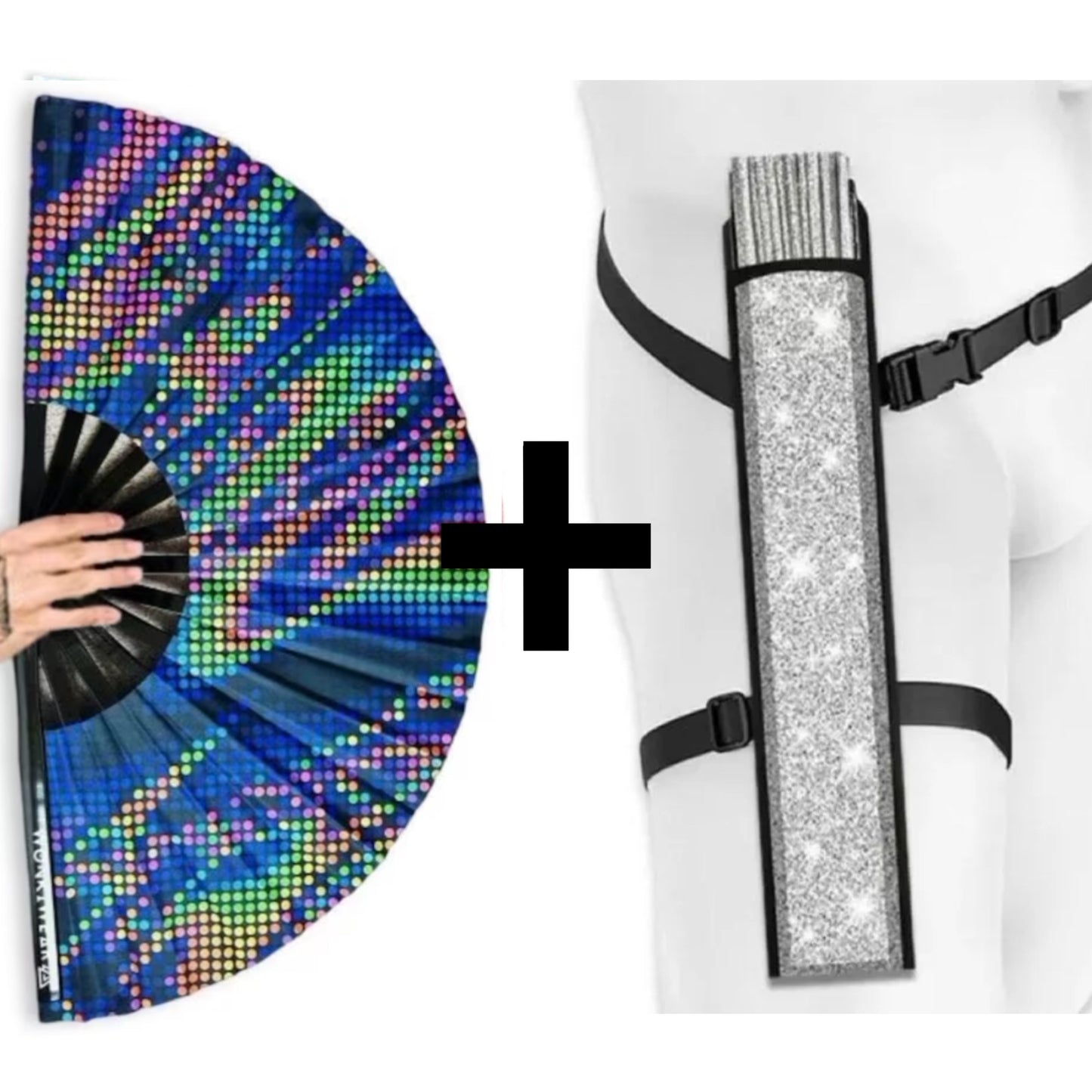XL UV reactive blue pixel festival fan with silver holster bundle