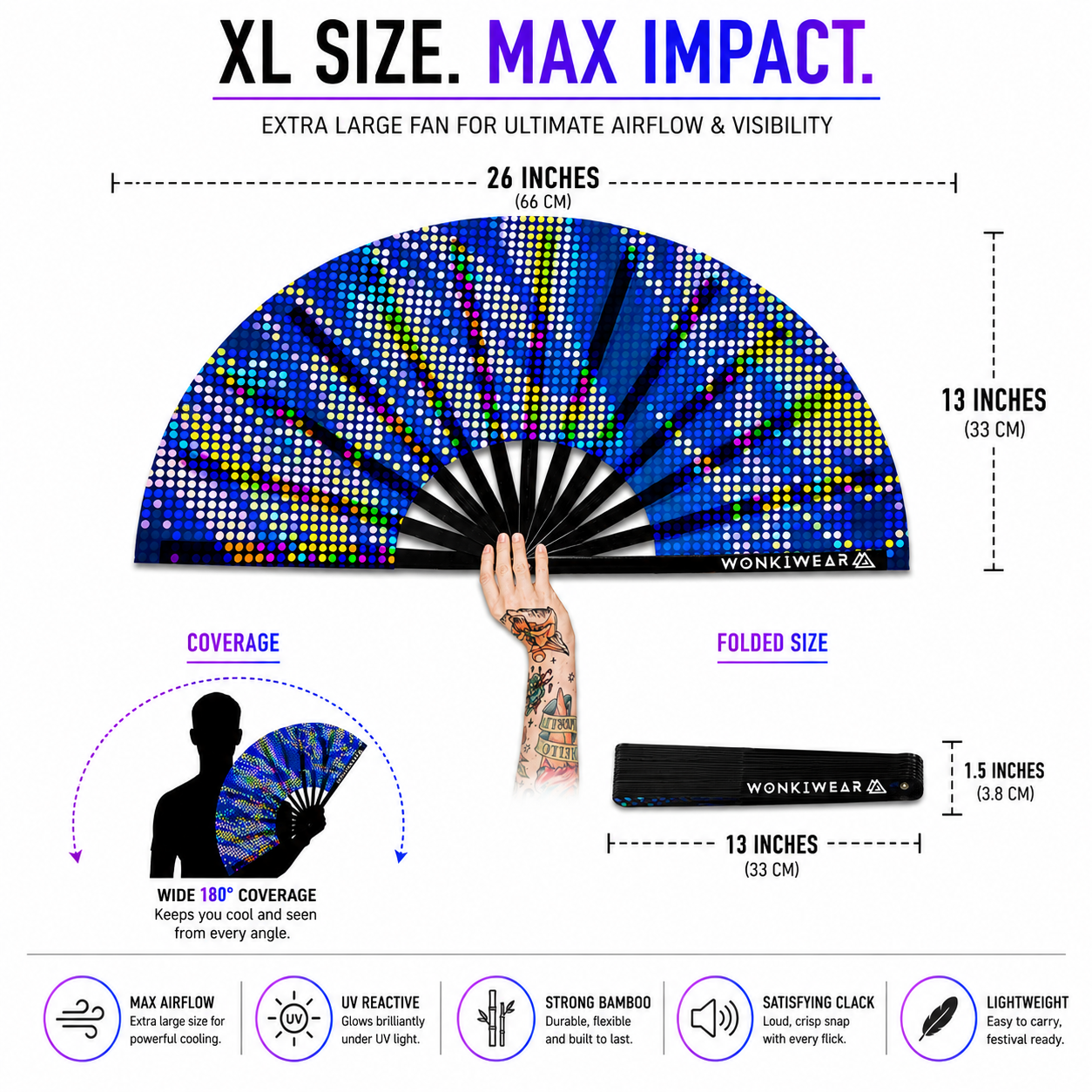 Size infographic showing UV glow bamboo ribs airflow and XL size of blue rave fan