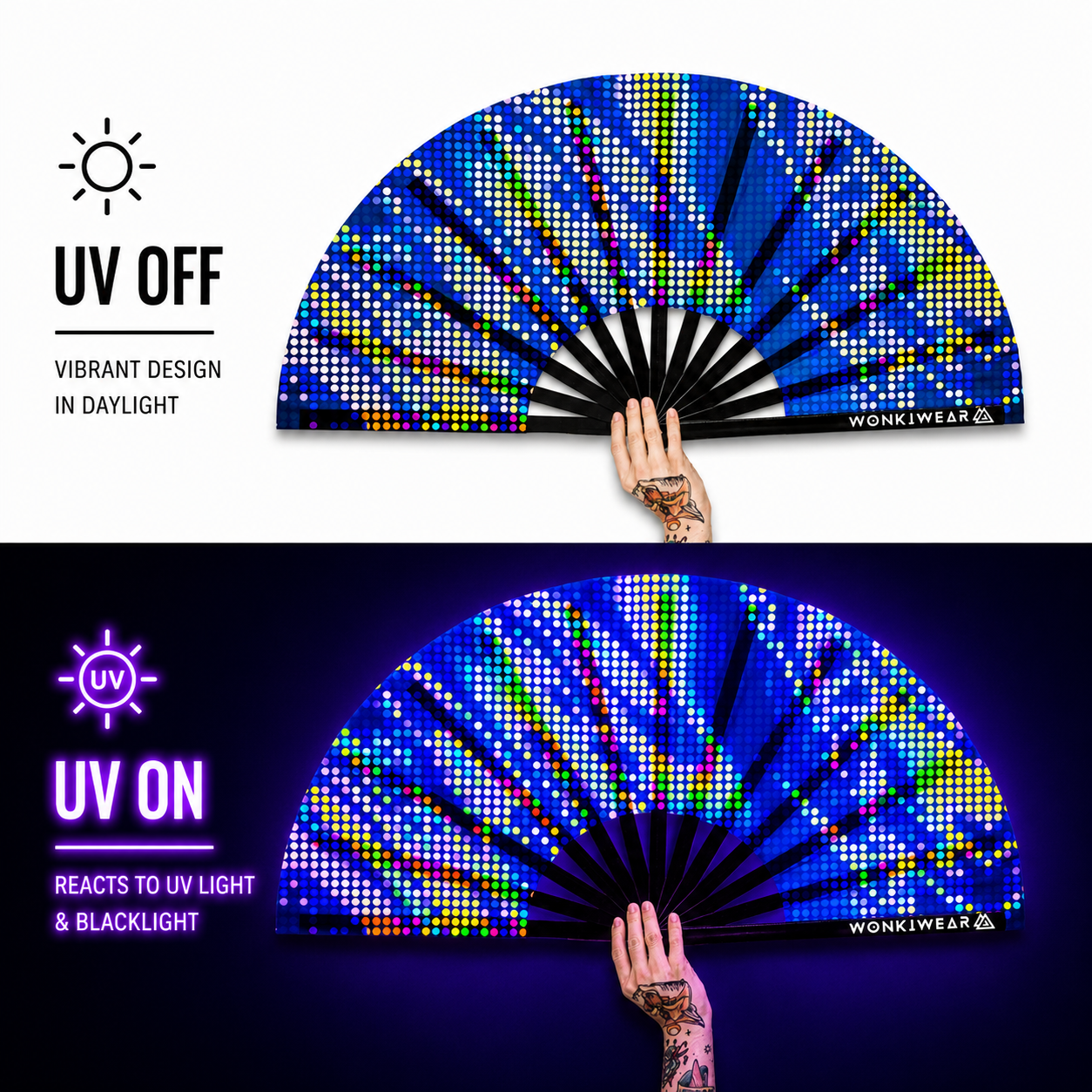 Comparison of blue pixel burst festival fan in daylight and glowing under UV blacklight