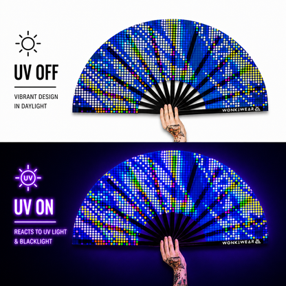 Comparison of blue pixel burst festival fan in daylight and glowing under UV blacklight