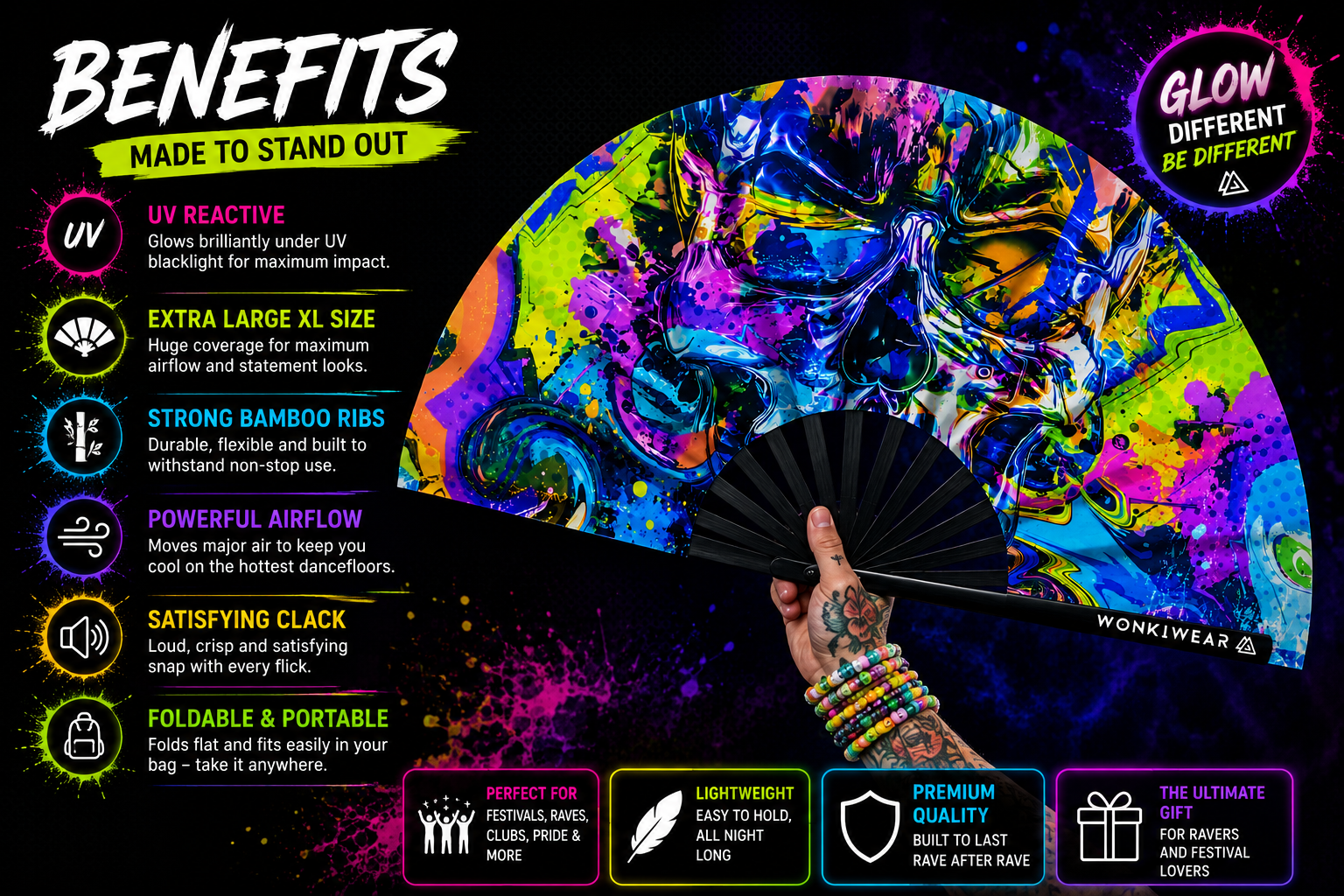 Benefits infographic showing UV glow bamboo ribs XL airflow and portability of graffiti skull rave fan