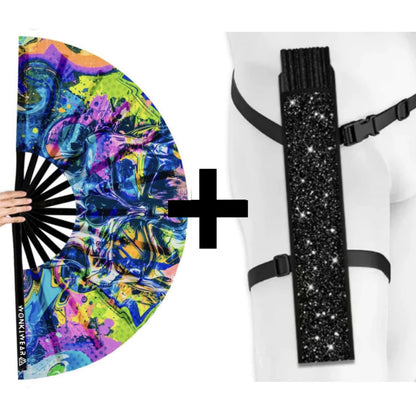 XL UV reactive graffiti skull festival fan with black shimmer holster bundle