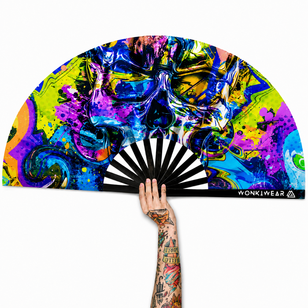 XL UV reactive graffiti skull festival fan with black bamboo ribs on white background
