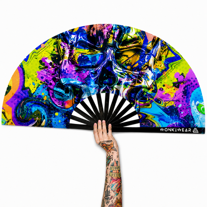 XL UV reactive graffiti skull festival fan with black bamboo ribs on white background